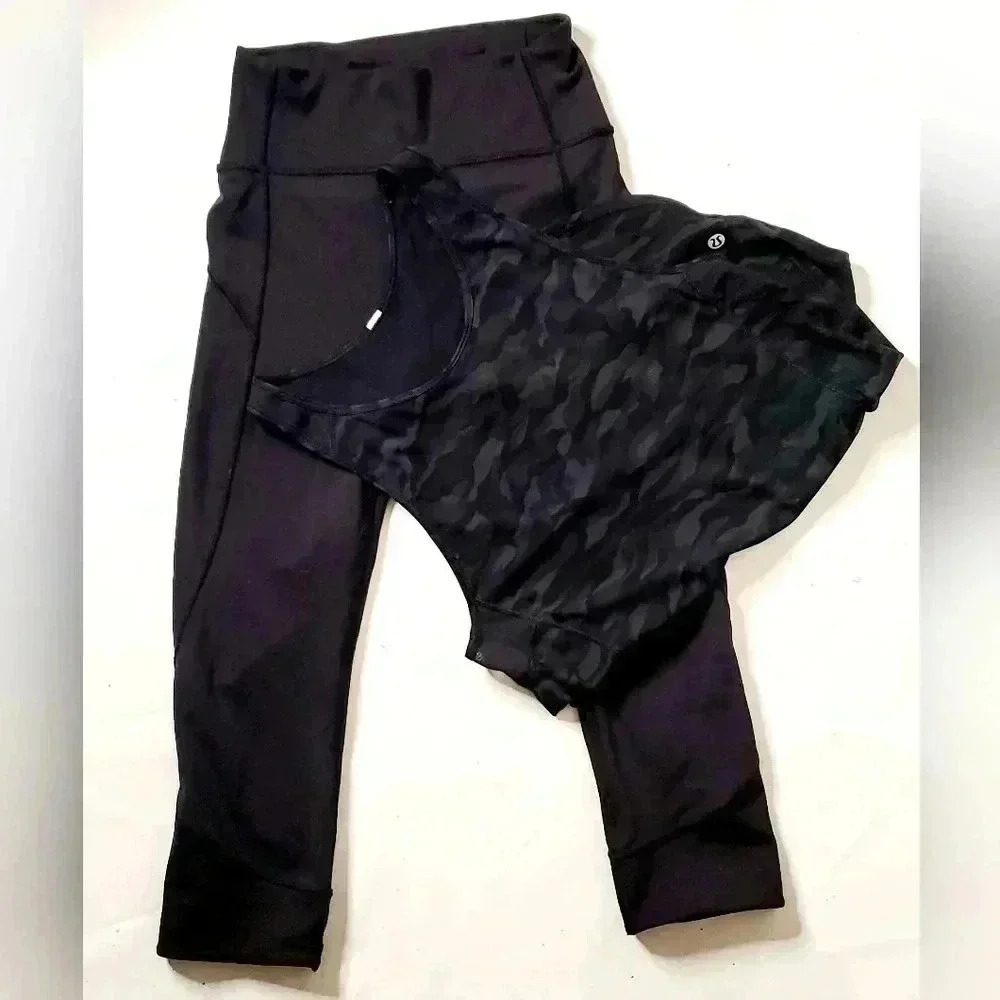 LululemonLot of 2 Cropped Black High Rise legging,Tank Mesh Camouflage Print SZ4